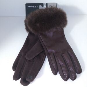 London Fog Women's Dark Brown Faux Leather Fur Trimmed Gloves